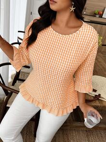 SHEIN LUNE Camisa de cuello redondo minimalista y fresca a cuadros en talla grande - Naranja Quemada - Ver 1