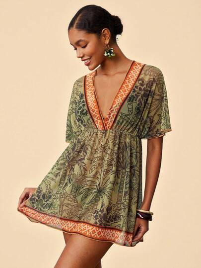 Travachic Vestido de playa con cuello en V y manga corta con estampado, estilo vacacional para mujer