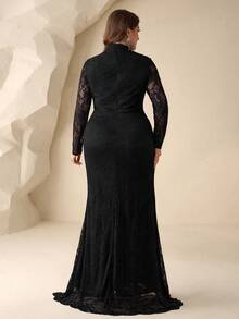 Coutiva 大码立领蕾丝长袖及地正式晚礼服（缀饰繁复） - 黑色 - 查看 3