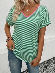 EMERY ROSE 女士新款时尚印花条纹撞色V领短袖T恤 - 彩色 - 查看 4