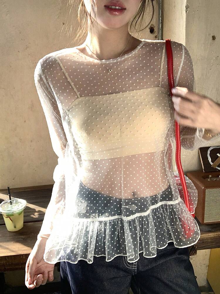 Women's Mock Neck Flocked Polka Dot Ruffle Trim Long Sleeve Blouse