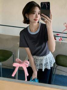 DAZY Women's Stylish American Shoulder Short Sleeve T-Shirt, Slim Fit Casual Top - Grey - View 5