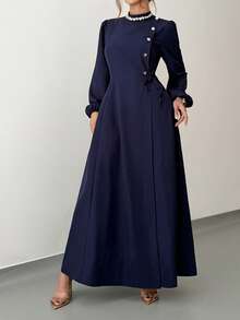 Rafferiza Women's Casual Ruched Unique Button Tie-Up Flared Dress, Navy Blue - Navy Blue - View 7