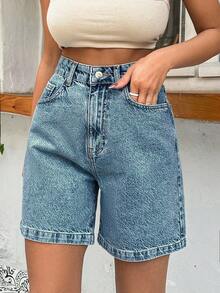 EURMUSE 100%纯棉硬挺中度水洗女式短款 - 藍色 - 查看 3