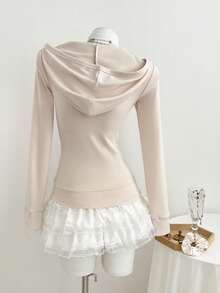 Elamini Women's Hooded Zip-Up Embroidered Fitted Long Sleeve Jacket - Baby Pink - View 2