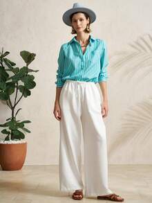 Airaco 女士常规肩长袖条纹前开襟简约衬衫 - 綠色 - 查看 4