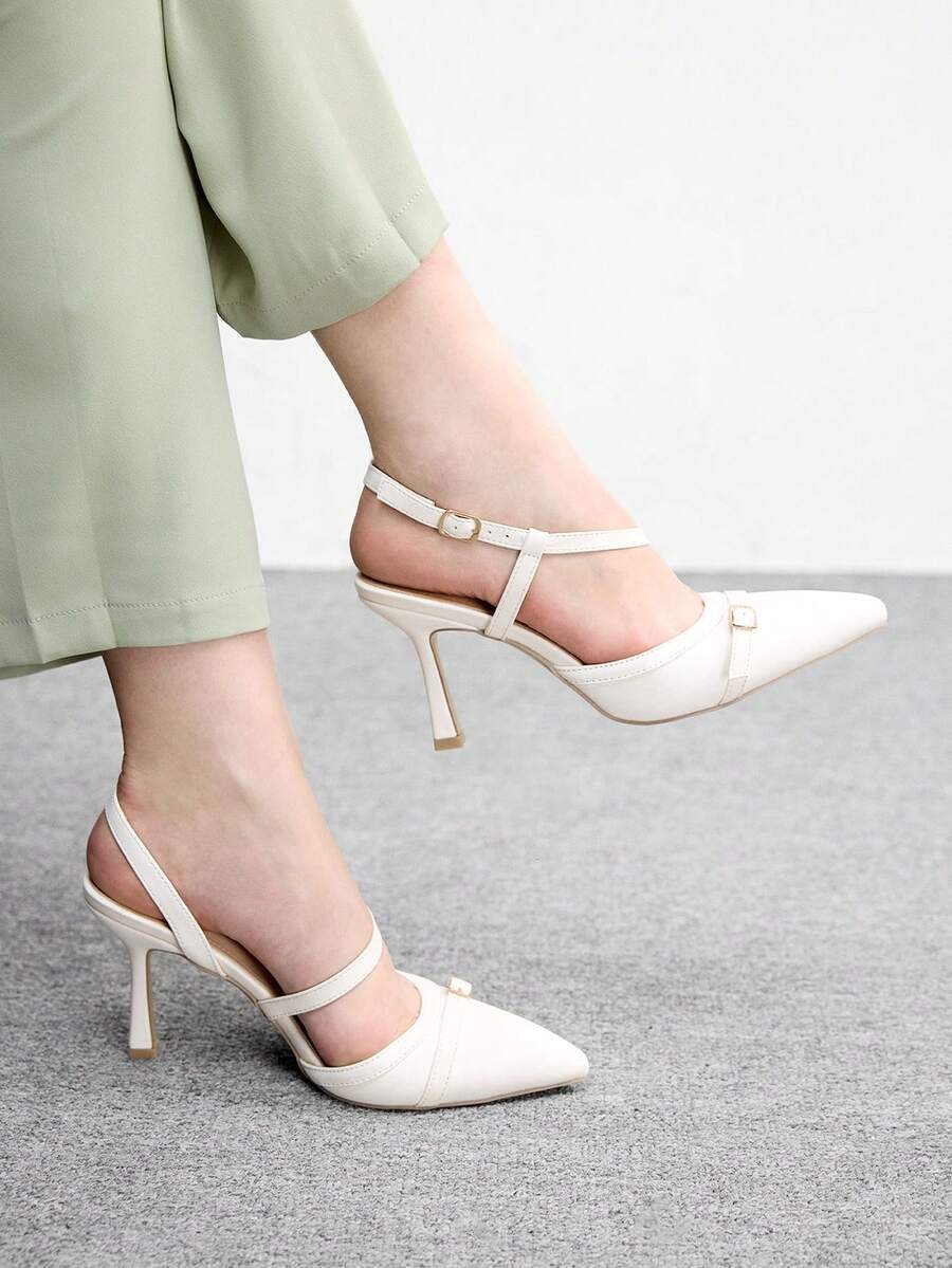 CUCCOO BIZCHIC Tacones altos de moda con diseño de hebilla y punta afilada para uso diario - Beis - Ver 1