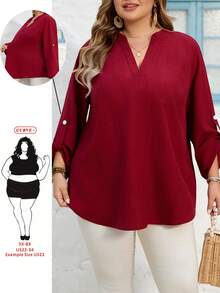 SHEIN CURVE+ Curve 尺码 US22 音乐节、海滨度假、波西米亚风 CURVE PLUS / / 女士纯色深V领卷袖休闲衬衫 - 酒紅色 - 查看 7
