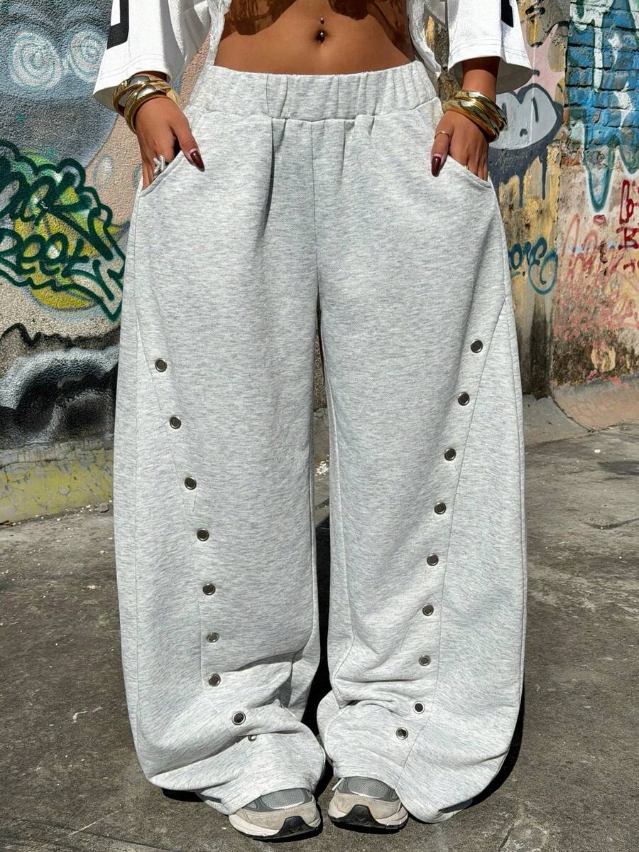 Muchica Calça de moletom feminina casual e versátil com fivela de metal e pernas largas. - Cinza - Ver 1