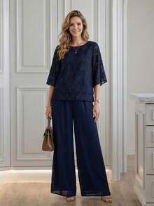 Miaspire 女士优雅七分袖上衣和宽松长裤两件套 - 藏蓝色 - 查看 1