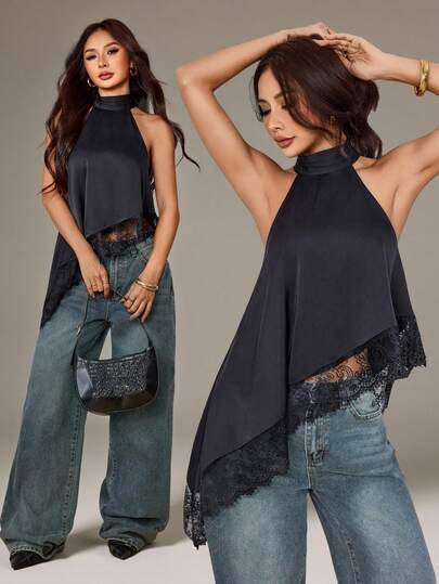 SHEIN PETITE Top asimétrico de cuello alto con escote de halter y ribete de encaje para fiesta de noche, cóctel, formal, elegante, sin mangas para salida nocturna, boda, verano, otoño, hombros descubiertos
