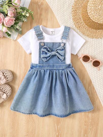 LMoss Kids 女婴3D蝴蝶结牛仔背带裙，蓝色