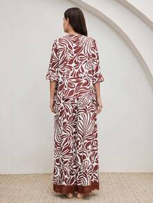 Ocili 女士柔软舒适抽象印花睡衣套装，采用水溶性蕾丝，长袖上衣和长裤，时尚秋季家居服 - 棕色 - 查看 4