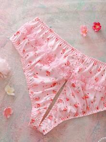 Plus Size Romantic Floral Print Lace Patchwork Open Crotch Panties, Lingerie - Pink - View 4