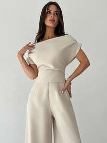 Firerie 女士休闲优雅亚麻外观领落肩袖修身衬衫，适合办公室、返校、秋季、复古风格、工作上衣、教师装 - 杏色 - 查看 3