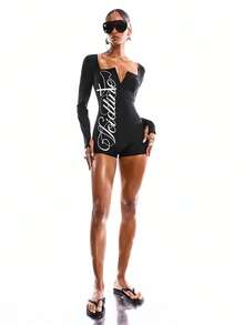 LYSMO 女士字母印花修身连体泳衣，带短裤，适合泳池/海滩穿着 - 黑色 - 查看 3