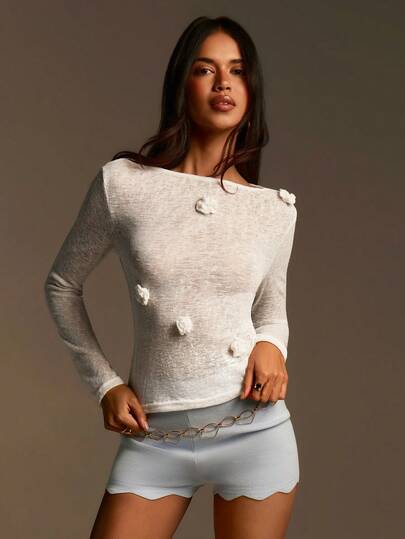 Athîral Women's Fashionable Casual Lightweight 3D White Floral Top, Fitted Silhouette, Made Of Soft Comfortable Knit Fabric, Casual For Women, Casual Top For Women, Beach, Carnival Costume For Women, Spring Breaks, Spring Women, Summer Holidays, Beach Top, White Top