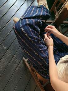 DAZY Quần ống rộng kẻ sọc tương phản, cạp chun, kiểu dáng thoải mái, thích hợp cho nữ, mùa xuân/hè. - Màu xanh lam - Xem 7