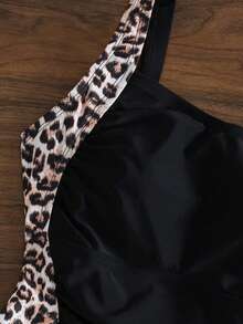 Shapewave Women's Cute Leopard Print Color Block One Piece Swimsuit,Black Tummy Control Slim Fit Body Shaping Swimwear For Summer Holiday Beach Party - Black - View 7