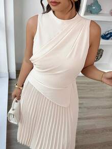 Elenzga 女士优雅荷叶边无袖A字连衣裙/伞裙/返校季/学生装/派对/老钱风/外出装/派对装/办公室装/仿杏色半身裙 - 杏色 - 查看 4