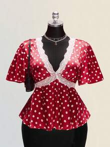 SHEIN ICON 加大码红白波点V领缎面衬衫，荷叶边袖甜美约会休闲上衣，情人节 - 紅白色 - 查看 1