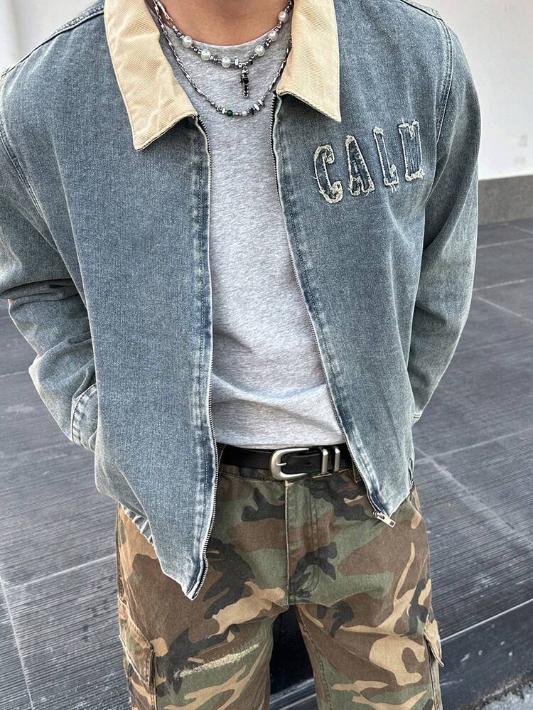 Men's Colorblock Collar Blue Denim Jacket, Suitable For Spring And Autumn