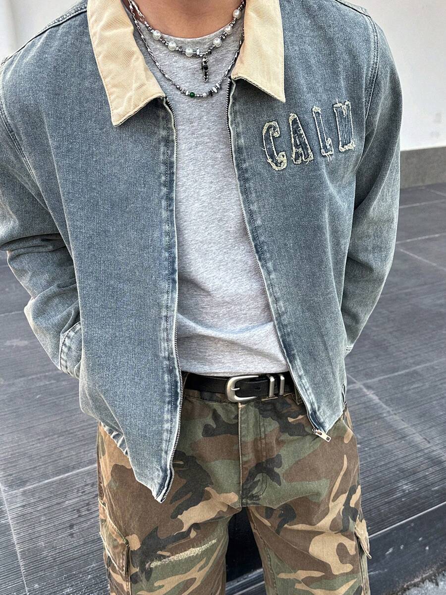 DAZY Áo khoác denim xanh phối màu cổ bẻ dành cho nam, thích hợp cho mùa xuân và mùa thu. - Màu xanh lam - Xem 1