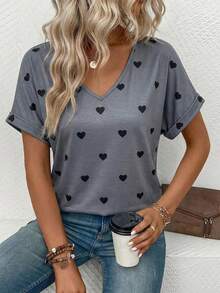 EMERY ROSE 新款时尚爱心印花V领短袖T恤，女士夏季款 - 彩色 - 查看 5