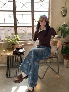 DAZY Women's Patchwork Loose Wide-Leg Casual Jeans, Japanese Street Style - Blue - View 8