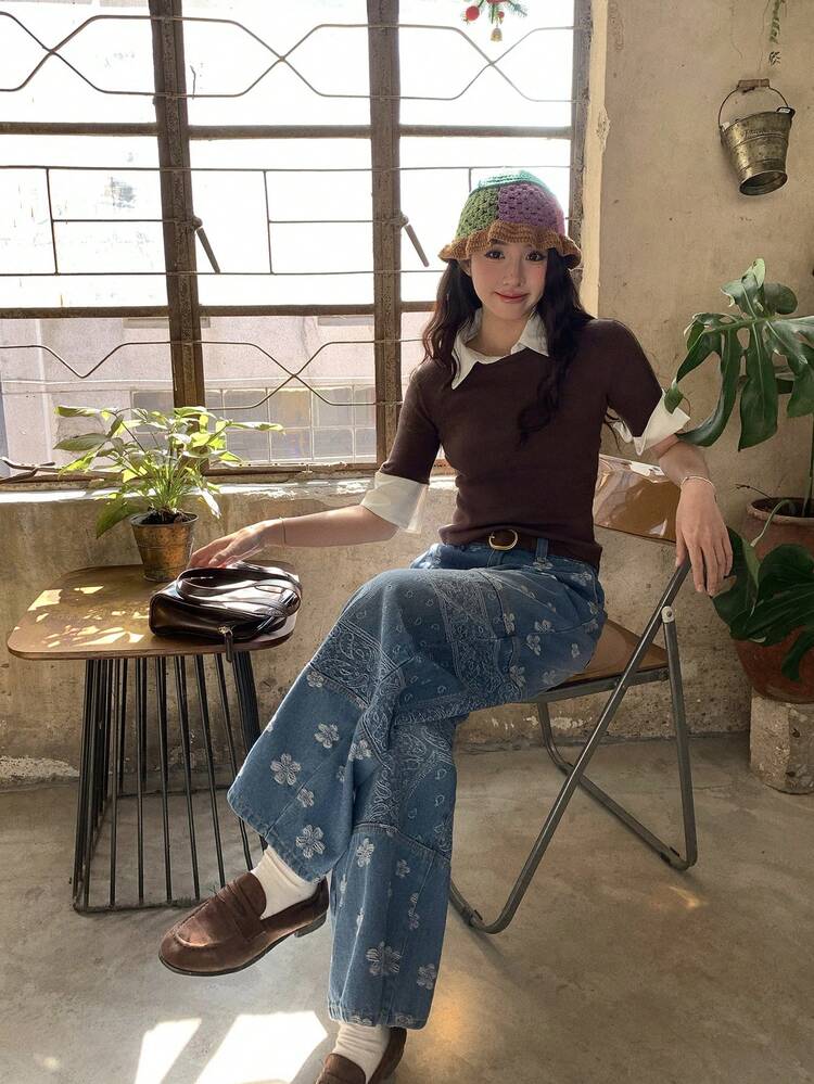 Women's Patchwork Loose Wide-Leg Casual Jeans, Japanese Street Style
