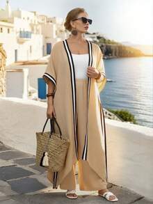 SHEIN LUNE CURVE مجموعة قطعتين تتكون من رداء كاجوال مقسوم مع أكمام 3/4 بخطوط سوداء وبيضاء وبنطال قطني كتان منتظم مطوي - كاكي - مشاهدة 3
