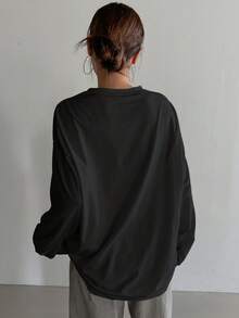 DAZY Áo thun dài tay cổ tròn màu trơn rộng rãi cho nữ, quần áo mùa thu - màu đen - Xem 4
