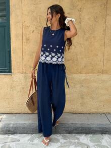 Serisse Women's Floral Embroidery Sleeveless Top And Wide Leg Pants Casual 2 Pieces Set - Navy Blue - View 7