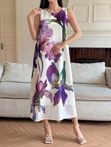 DAZY 女士优雅印花圆领无袖中长连衣裙，夏季 - 紫色 - 查看 6