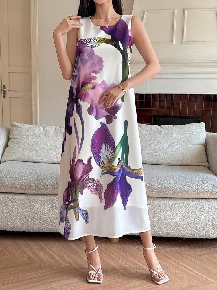 DAZY Women's Elegant Floral Print Round Neck Sleeveless Mid-Length Dress, Summer Wedding Guest Dress - Purple - View 6