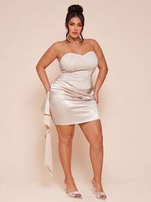 SHEIN BAE 大码女士性感蕾丝拼接缎面连衣裙，春夏款 - 香檳色 - 查看 7