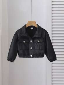 时尚户外女婴纯色仿 PU 皮革大口袋长袖翻领夹克，百搭，适合秋冬季 - 黑色 - 查看 5