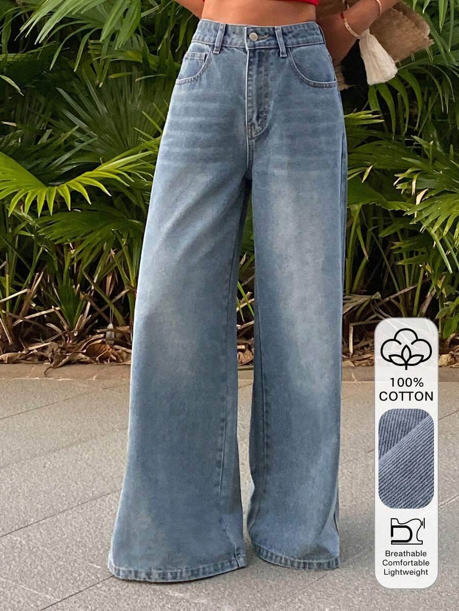 DAZY 女士休闲宽松直筒牛仔裤，做旧设计，度假风，适合春季、夏季和情人节穿着 - 藍色 - 查看 1