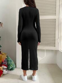 SHEIN Solid Color V-Neck Twist Knot Long Sleeve Bodycon Split Maternity Dress - Black - View 2