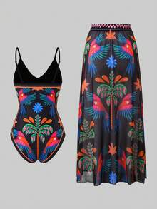 Swim Oasis 2026 大码女士时尚性感深V领热带鸟类数码印花连体泳衣+裹身裙沙滩套装，夏季 - 黑色 - 查看 2