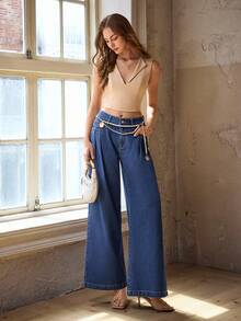 Selenza 女士宽松直筒牛仔裤，修身新款 - 中等水洗藍 - 查看 6