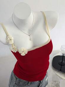 Elamini 女士夏季度假休闲3D印花吊带针织上衣 - 酒紅色 - 查看 1