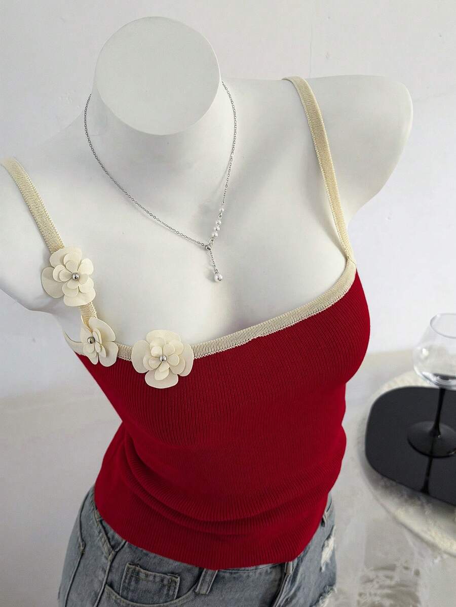 Elamini 女士夏季度假休闲3D印花吊带针织上衣 - 酒紅色 - 查看 1