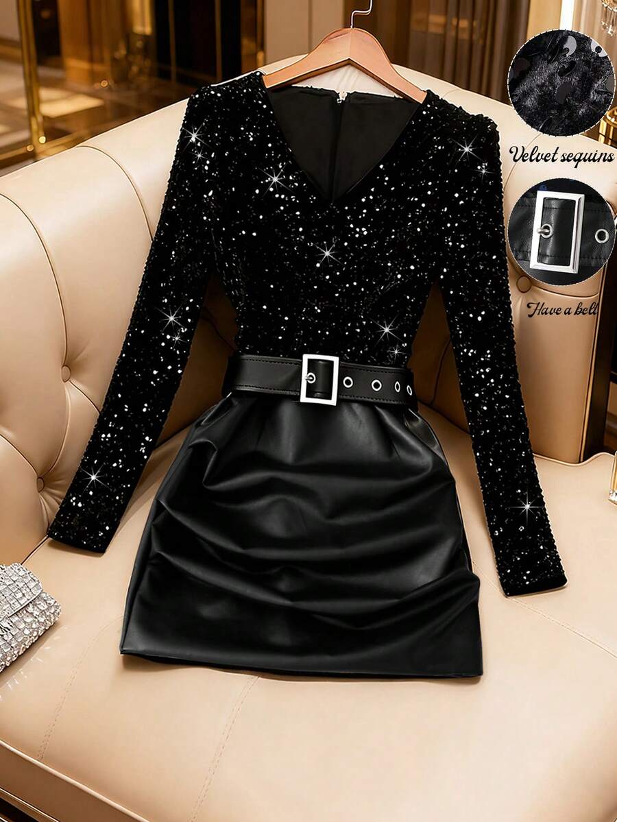 Lyxana Women's Elegant Sequin & Faux Leather Patchwork Ruched Bodycon V-Neck Dress, Slimming Fit, Autumn/Winter - Black - View 1