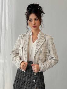 DAZY Women's Casual Style Patterned Pocket Regular Jacket, Spring - Apricot - View 7