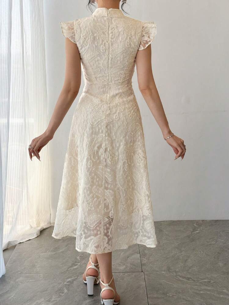 Women's Elegant Lace Collar Ruffle Hem Mid-Length Dress, Summer Wedding Guest Dress Sundress