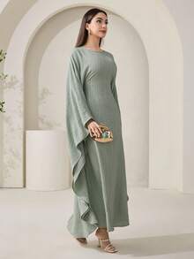 Veilorie Women's Round Neck Solid Color Batwing Sleeve Elegant Maxi Arabian Dress - Green - View 5