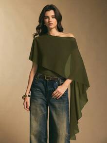 Poéselle 女士优雅纯色斗篷二合一连体衣 - 軍綠色 - 查看 4