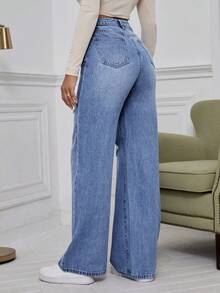 SHEIN EZwear Quần jeans nữ ống rộng, dáng suông, đa năng, có túi và cúc, kiểu dáng thường ngày, chất liệu denim bạc màu. - Màu xanh lam - Xem 2