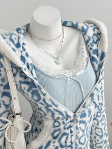 Elamini Áo khoác nỉ nữ dáng dài phối màu, có khóa kéo, họa tiết da báo, mềm mại và thoải mái, thích hợp cho mùa thu/đông, mặc đi học hoặc ở nhà. - Xanh và trắng - Xem 9